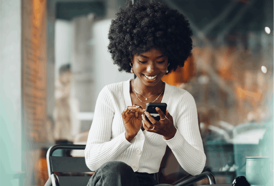 Happy customer using phone